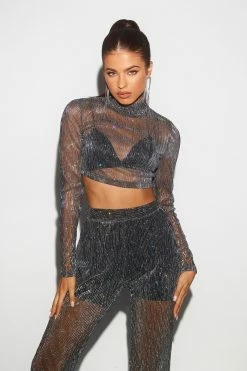 SOLADO High Neck Lurex Sequin Mesh Long Sleeve Top