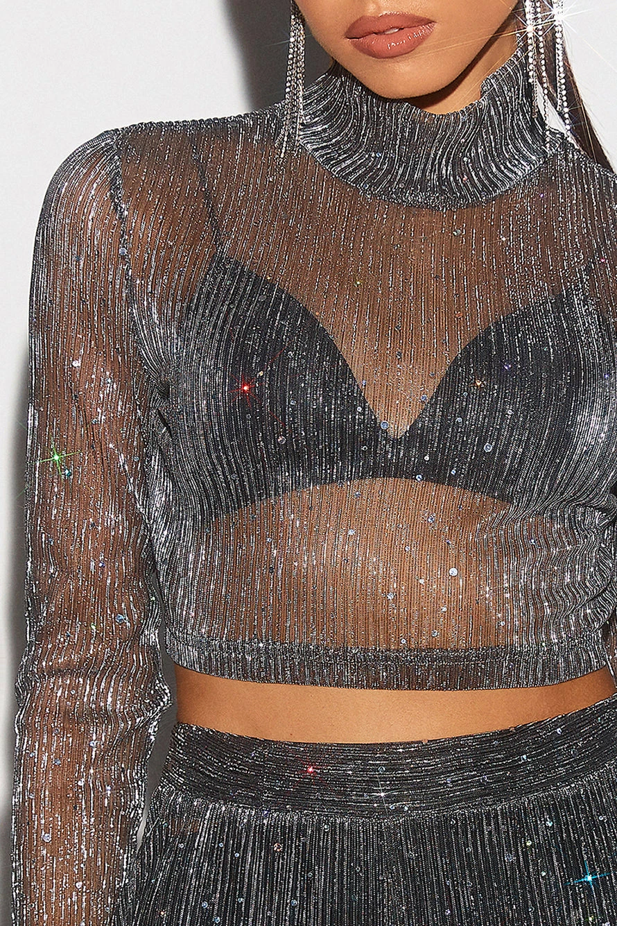 SOLADO High Neck Lurex Sequin Mesh Long Sleeve Top 3 SOLADO High Neck Lurex Sequin Mesh Long Sleeve Top - Image 3