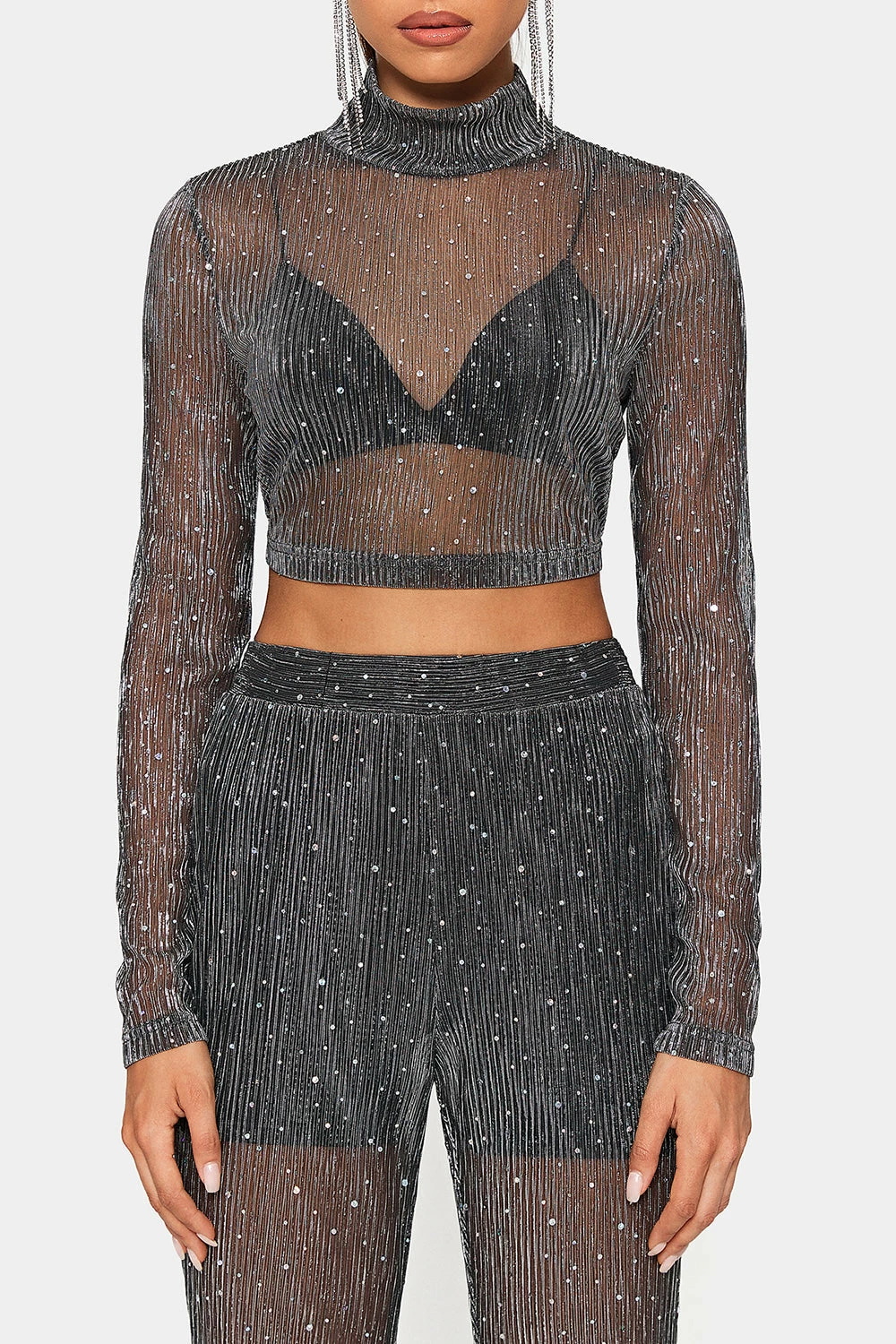 SOLADO High Neck Lurex Sequin Mesh Long Sleeve Top 6 SOLADO High Neck Lurex Sequin Mesh Long Sleeve Top - Image 6