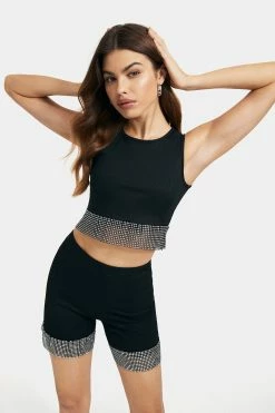 Solado Solid Sleeveless Tank Top & Rhinestone Splicing Shorts Set