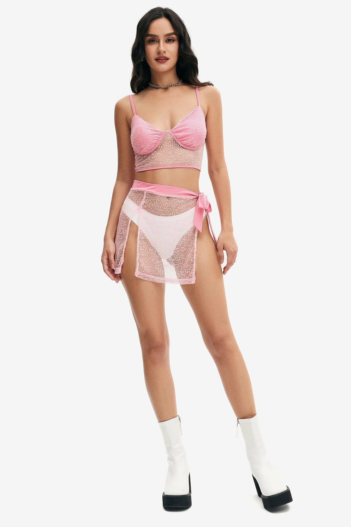 Solado Mesh Splicing Crop Top & Tie Side Split Skirt Set Without Panty 4 Solado Mesh Splicing Crop Top & Tie Side Split Skirt Set Without Panty - Image 4