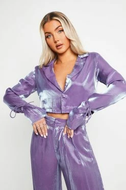 SOLADO Sheen Lapel Neck Tie Detail Long Sleeve Blouse