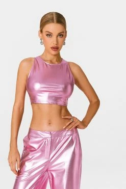 Alternative view of SOLADO Vinyl Sleeveless Cinched Waist Sheen Crop Top