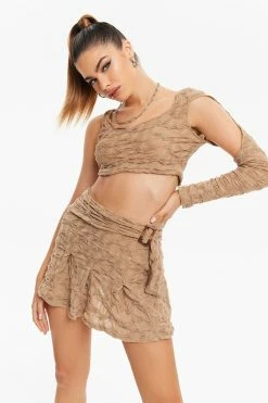Solado Cut Out One Sleeve Crop Top & Texture Skirt Set With Belt
