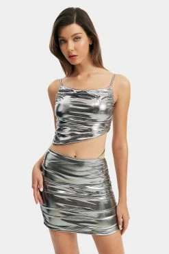 Solado Asymmetric Hem Crop Top & Vinyl Ruched Mini Skirt Set