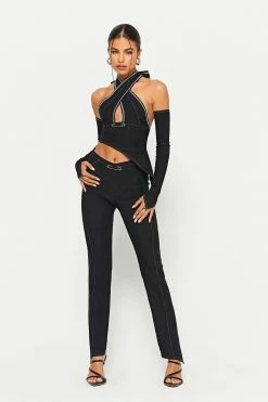 Alternative view of SOLADO Top-stitching Asymmetrical Hem Top & Pin Decor Pants Set With Oversleeve
