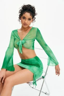 Solado Tie Dye Mesh Splicing Top & Drawstring Ruched Skirt Set