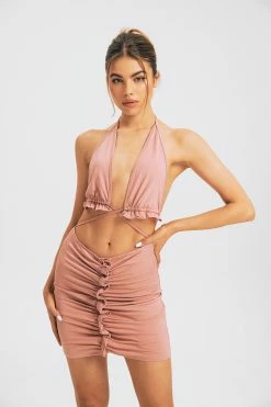 Solado Frill Trim Halter Neck Top & Ruched Bodycon Skirt Set