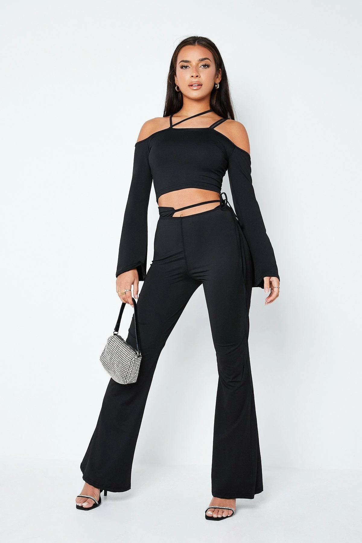 Solado Asymmetrical Neck Crop Top & Tie Detail Pants Set 1 Solado Asymmetrical Neck Crop Top & Tie Detail Pants Set