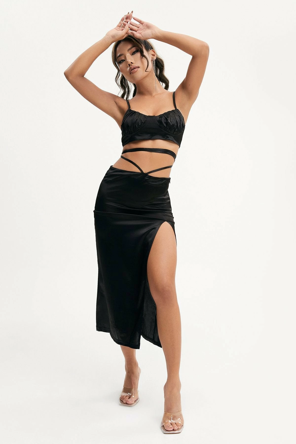Solado Satin Lace Up Backless Crop Top & Split Hem Skirt Set 6 Solado Satin Lace Up Backless Crop Top & Split Hem Skirt Set - Image 6