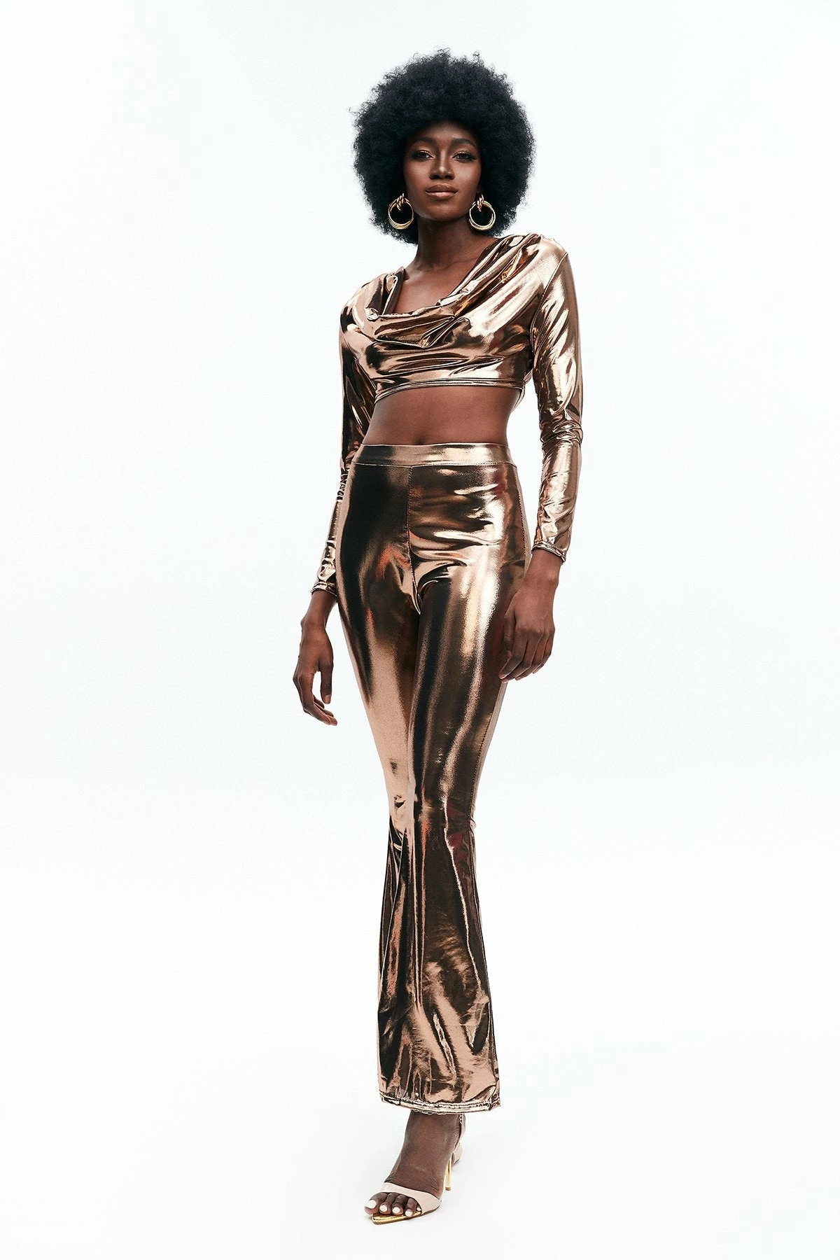 Solado Metallic Ruched Crop Top & Flared Leg Pants Set 3 Solado Metallic Ruched Crop Top & Flared Leg Pants Set - Image 3