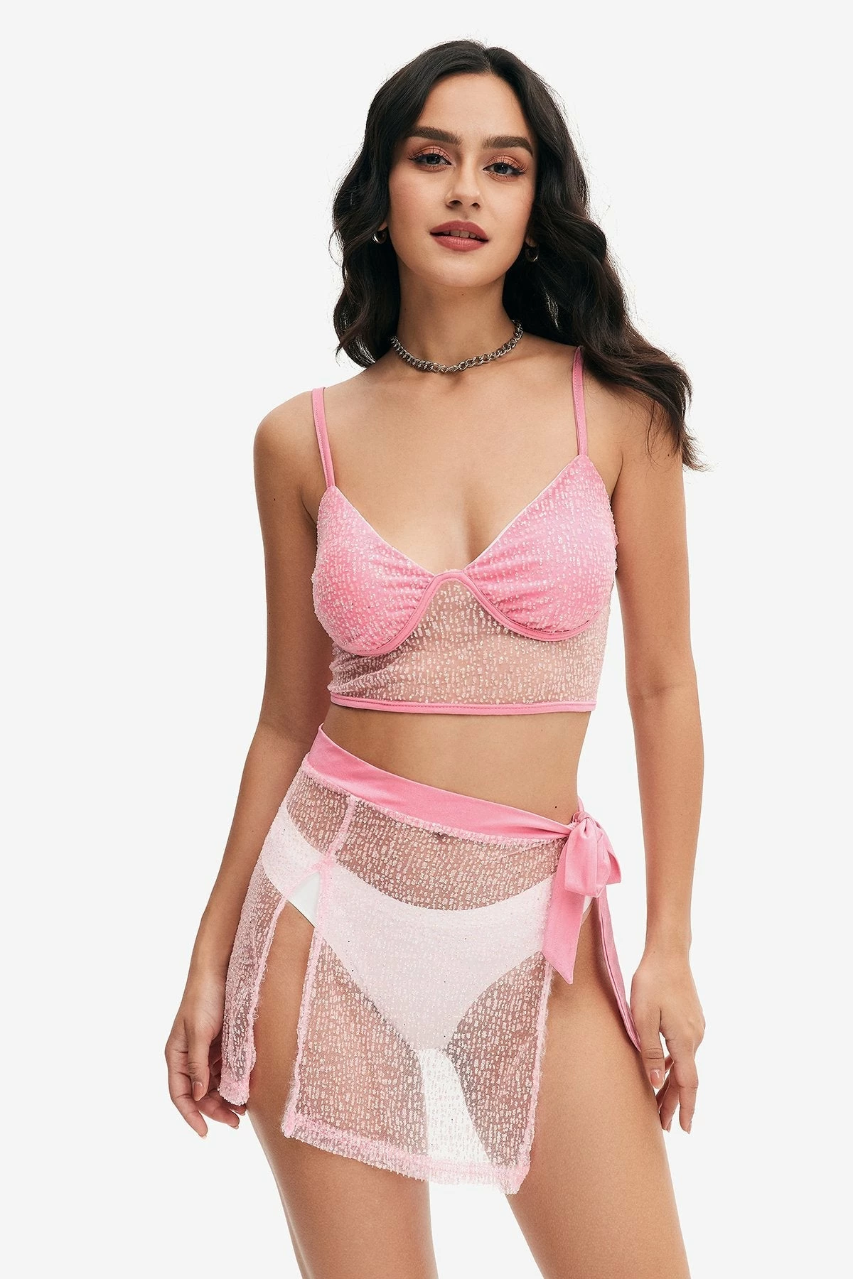 Solado Mesh Splicing Crop Top & Tie Side Split Skirt Set Without Panty 1 Solado Mesh Splicing Crop Top & Tie Side Split Skirt Set Without Panty