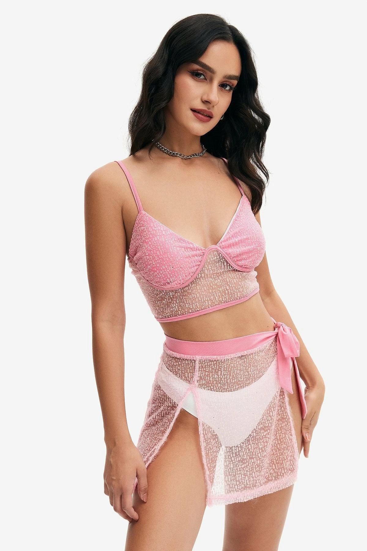 Solado Mesh Splicing Crop Top & Tie Side Split Skirt Set Without Panty 3 Solado Mesh Splicing Crop Top & Tie Side Split Skirt Set Without Panty - Image 3