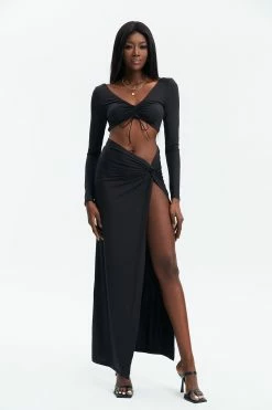 Solado Tie Front Top & Ruched Detail Slit Hem Skirt Set
