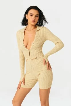 Solado Plunging Neck Long Sleeve Top & Stripe Knitted Shorts Set