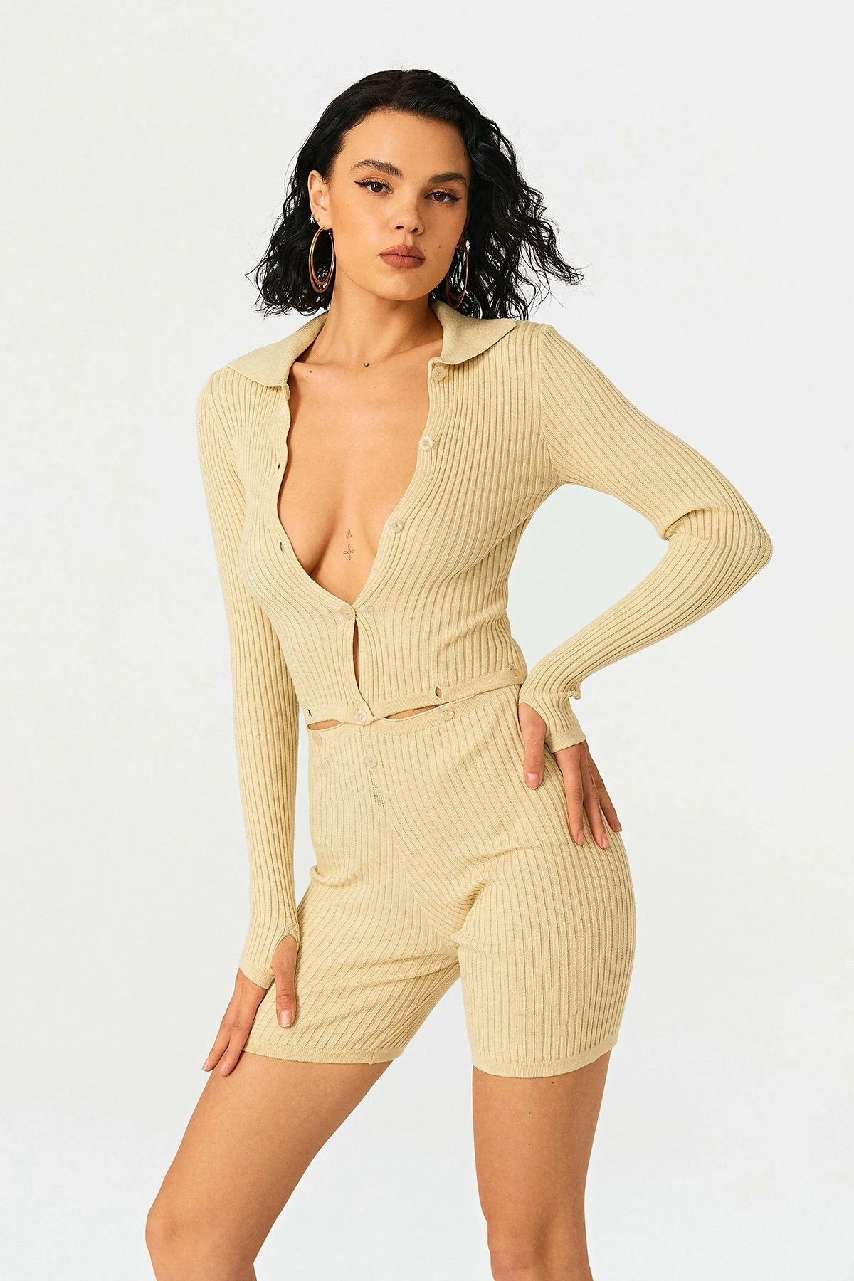 Solado Plunging Neck Long Sleeve Top & Stripe Knitted Shorts Set 1 Solado Plunging Neck Long Sleeve Top & Stripe Knitted Shorts Set