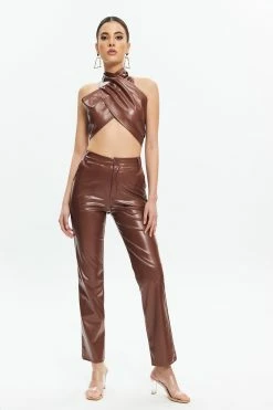Solado Halter Neck Backless Top & High Waist Faux Leather Pants Set