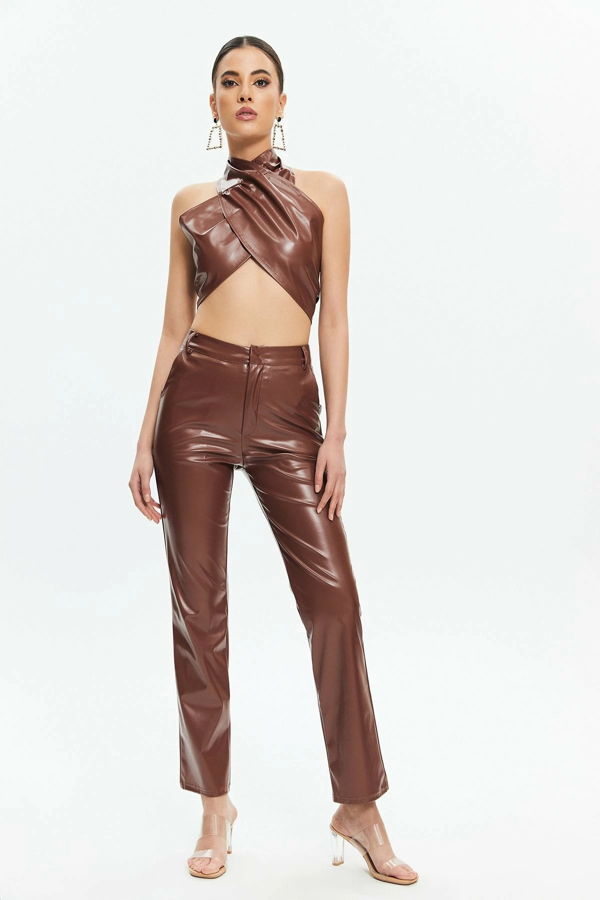 Solado Halter Neck Backless Top & High Waist Faux Leather Pants Set 1 Solado Halter Neck Backless Top & High Waist Faux Leather Pants Set