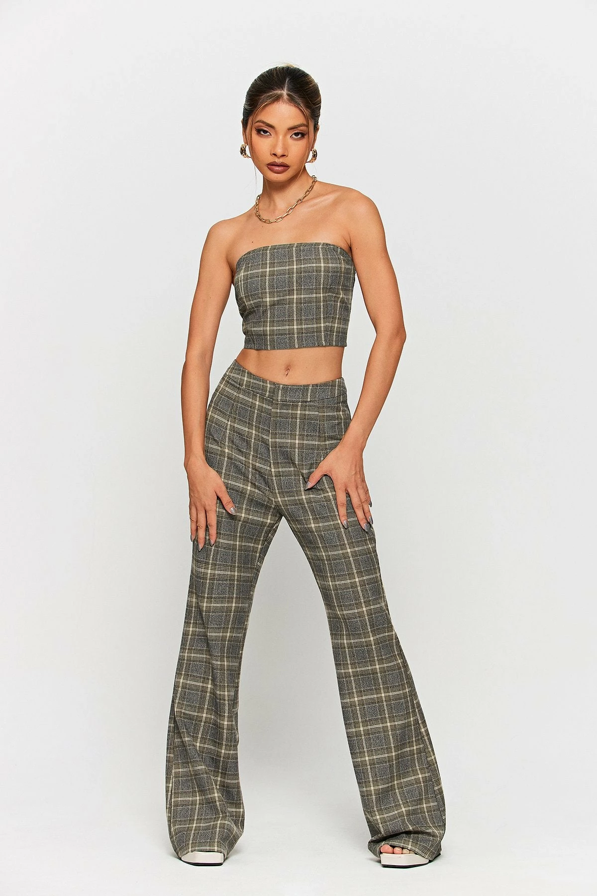 SOLADO Check Print Tube Top & High Waist Pants Set 1 SOLADO Check Print Tube Top & High Waist Pants Set