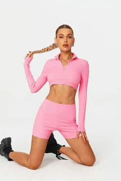 SOLADO Half Zipper Long Sleeve Top & Ribbed Shorts Set
