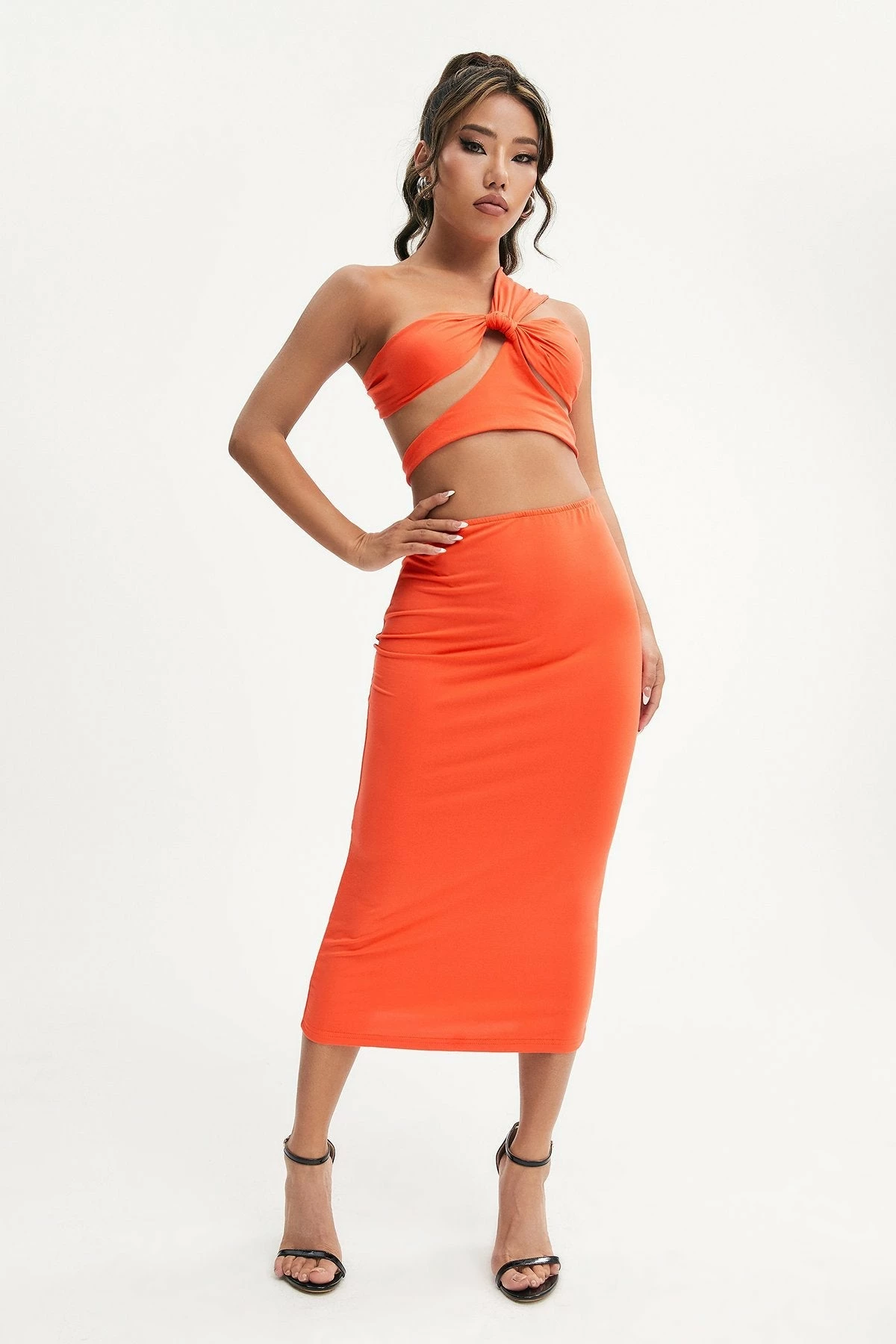 Solado One Shoulder Cut Out Crop Top & Solid Skirt Set 1 Solado One Shoulder Cut Out Crop Top & Solid Skirt Set