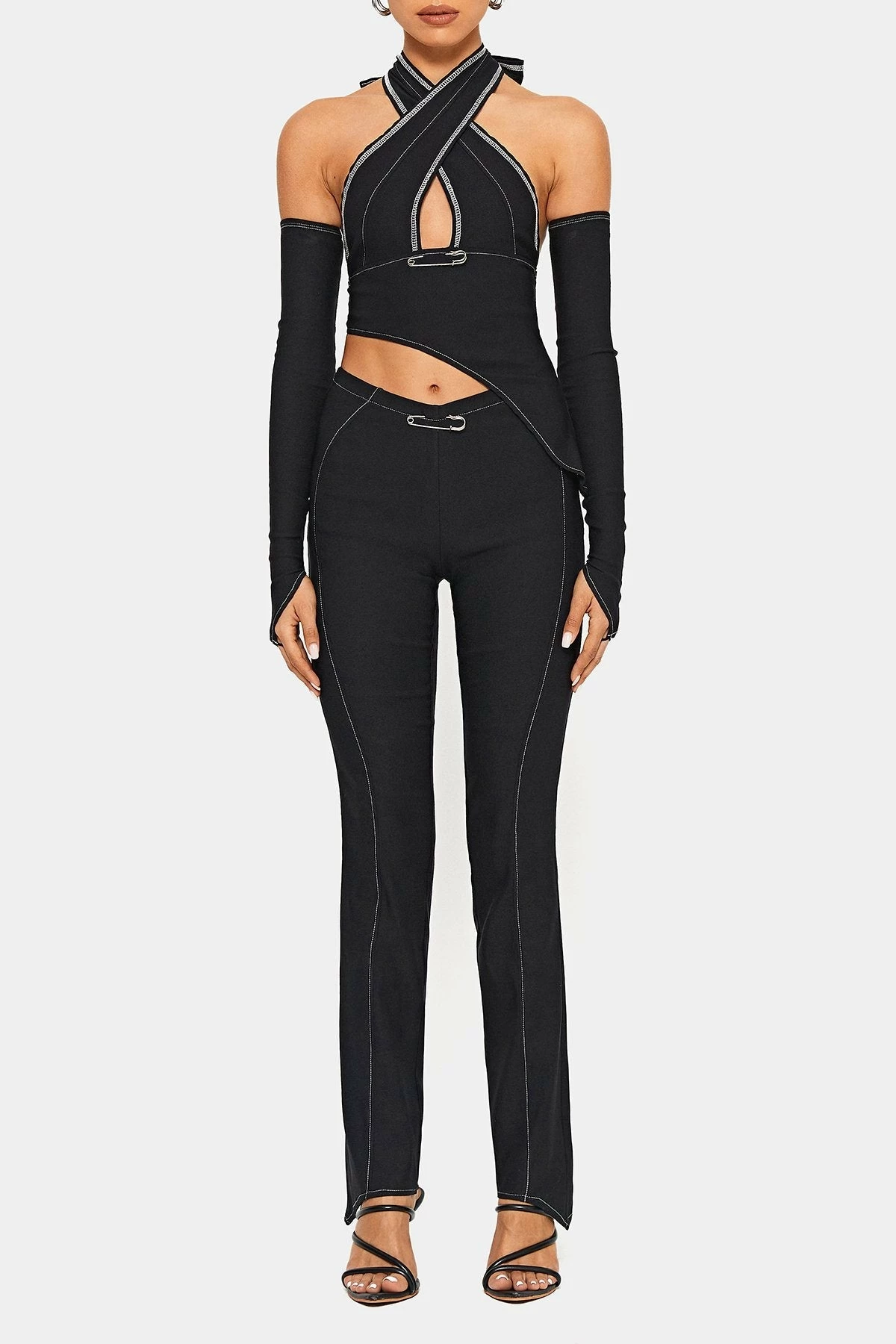 SOLADO Top-stitching Asymmetrical Hem Top & Pin Decor Pants Set With Oversleeve 6 SOLADO Top-stitching Asymmetrical Hem Top & Pin Decor Pants Set With Oversleeve - Image 6