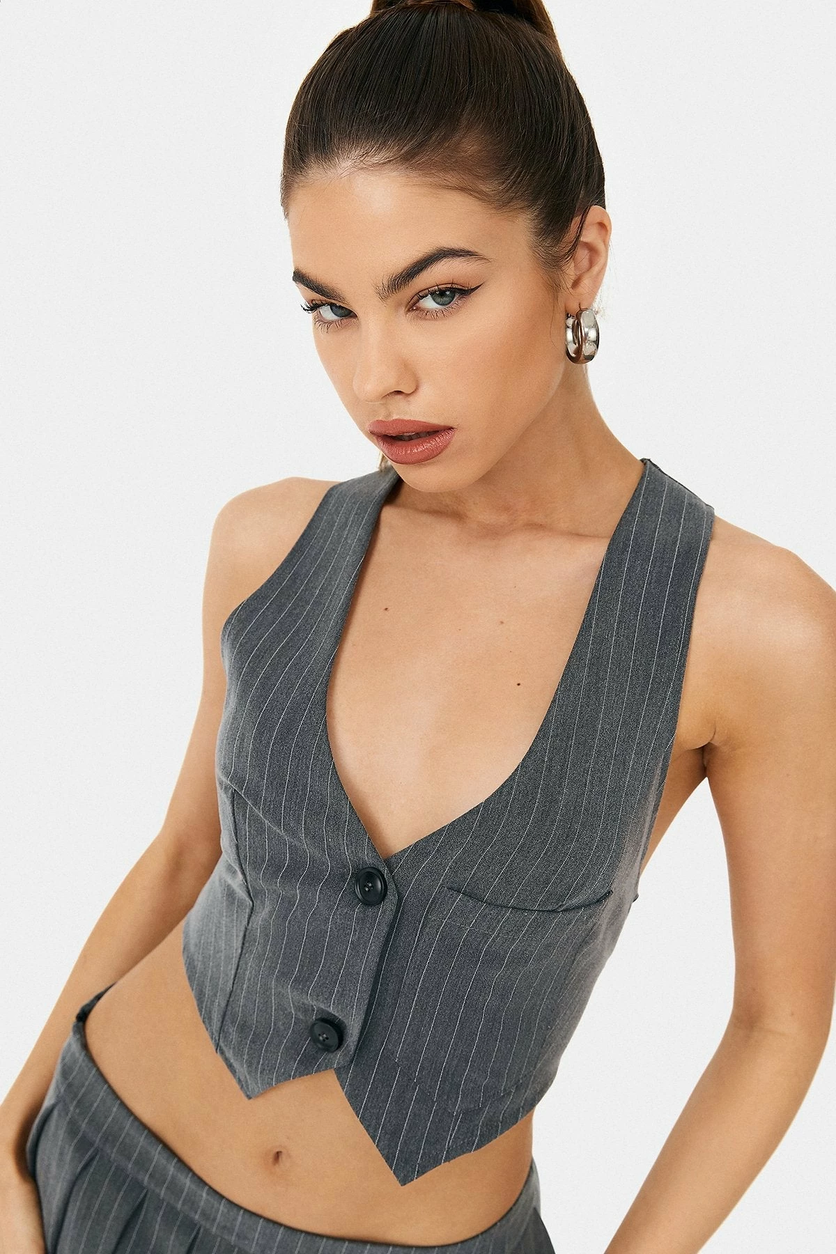 SOLADO Plunging Neck Button Front Stripe Print Vest 3 SOLADO Plunging Neck Button Front Stripe Print Vest - Image 3