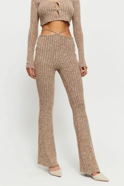 SOLADO Stripe Knitted Tie Detail Draped Straight Pants
