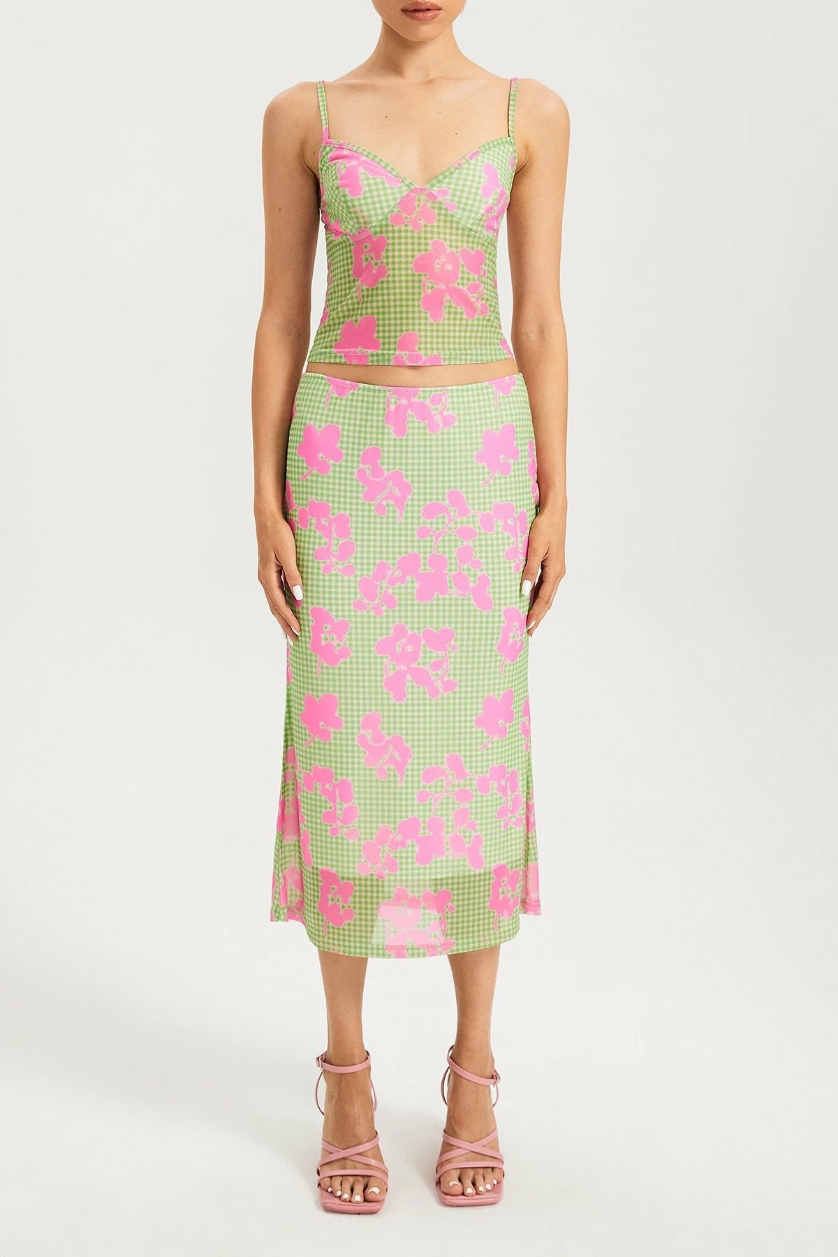 Solado Plaid Print Crop Top & Floral Layered Midi Skirt Set 6 Solado Plaid Print Crop Top & Floral Layered Midi Skirt Set - Image 6