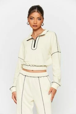 SOLADO Half Zipper Top-stitching Cinched Waist Sweater