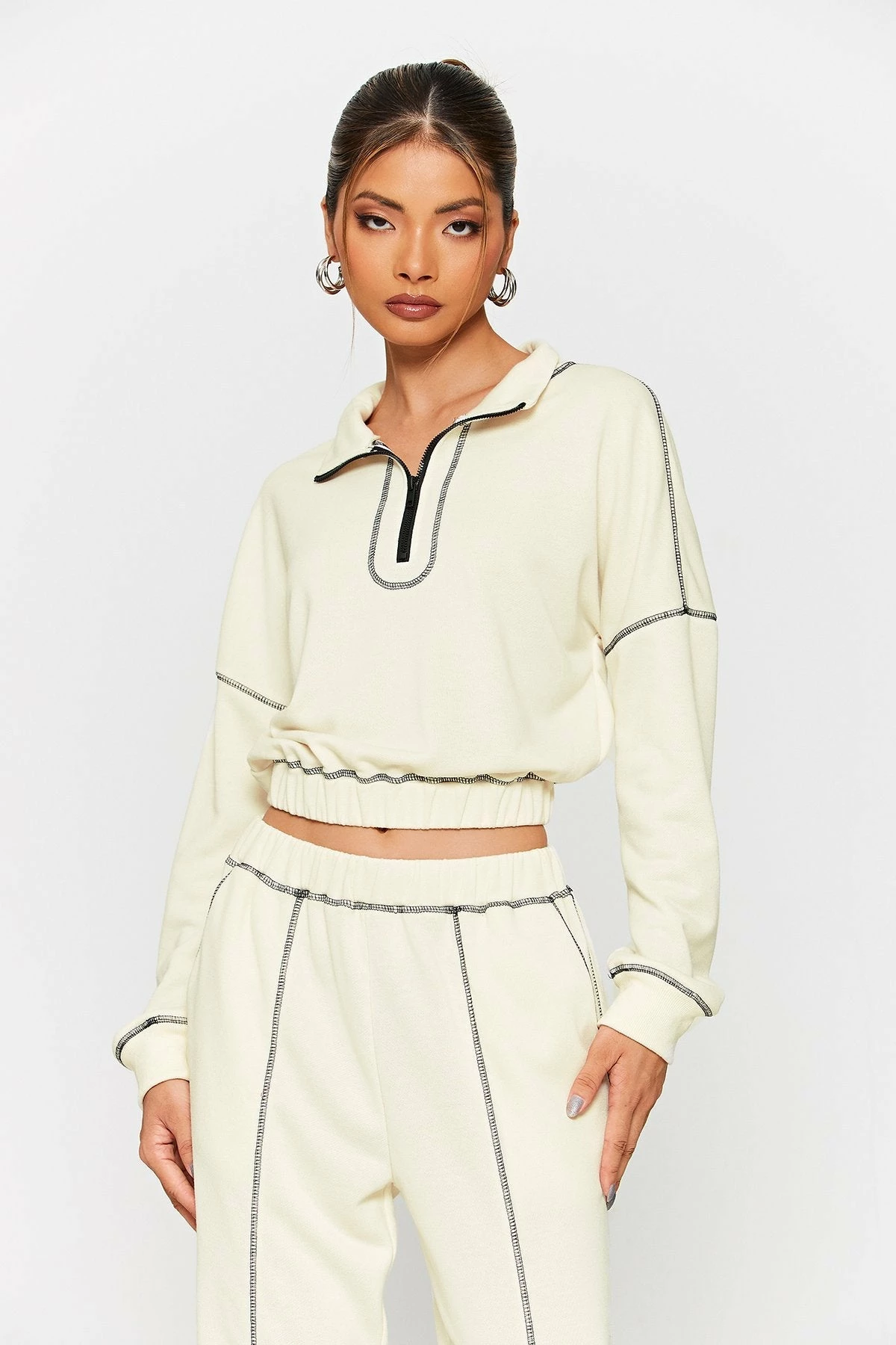 SOLADO Half Zipper Top-stitching Cinched Waist Sweater 1 SOLADO Half Zipper Top-stitching Cinched Waist Sweater