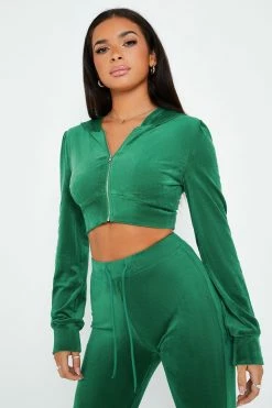 SOLADO Velvet Zipper Front Hooded Long Sleeve Cardigan