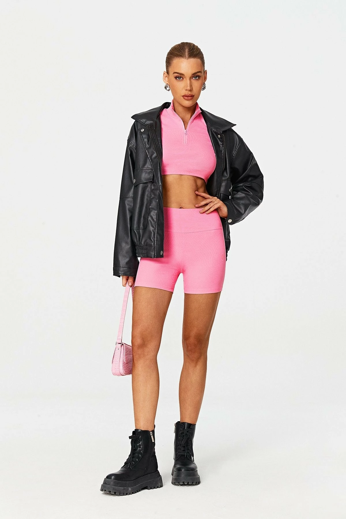 SOLADO Half Zipper Long Sleeve Top & Ribbed Shorts Set 4 SOLADO Half Zipper Long Sleeve Top & Ribbed Shorts Set - Image 4