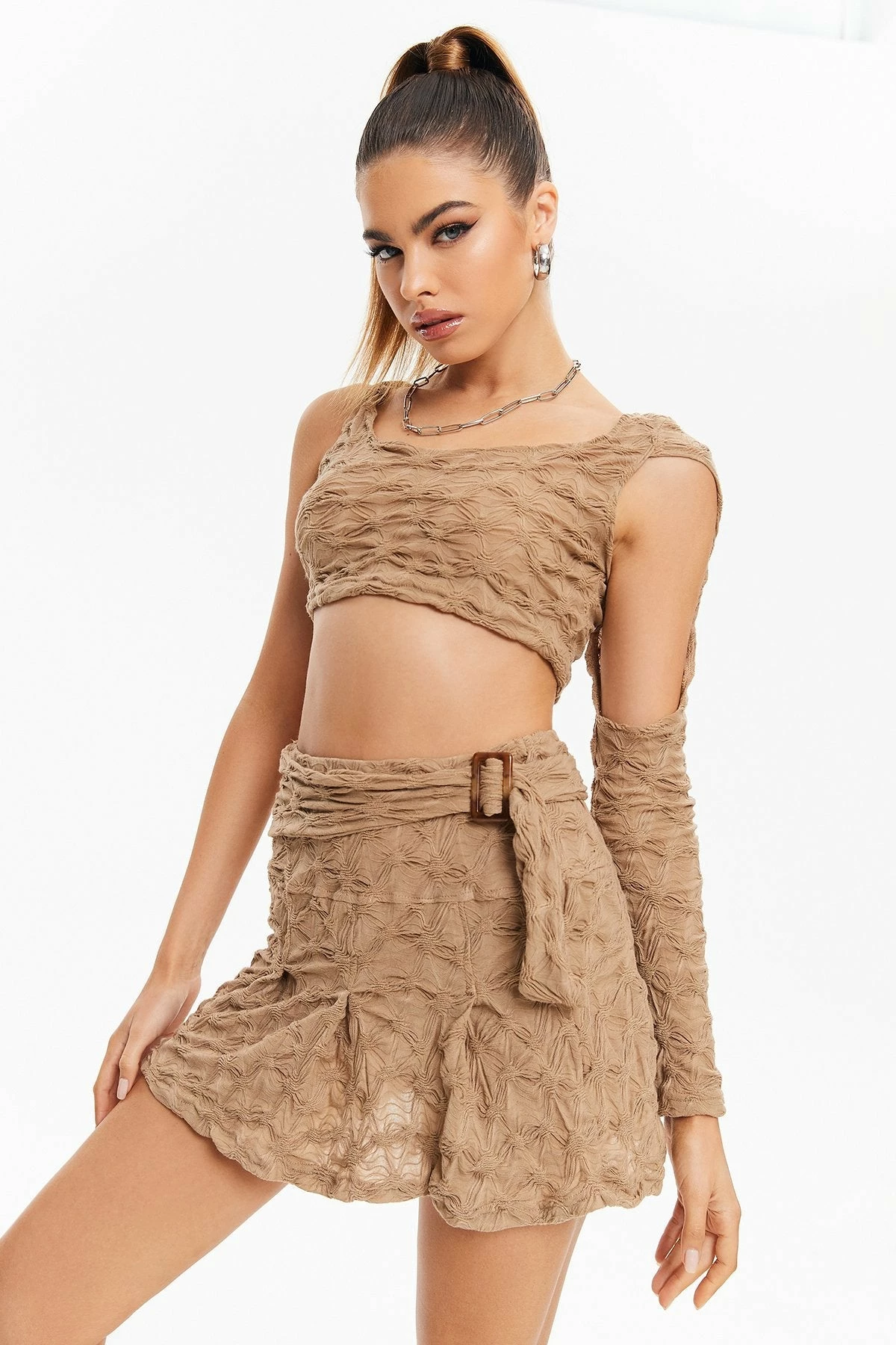 Solado Cut Out One Sleeve Crop Top & Texture Skirt Set With Belt 3 Solado Cut Out One Sleeve Crop Top & Texture Skirt Set With Belt - Image 3