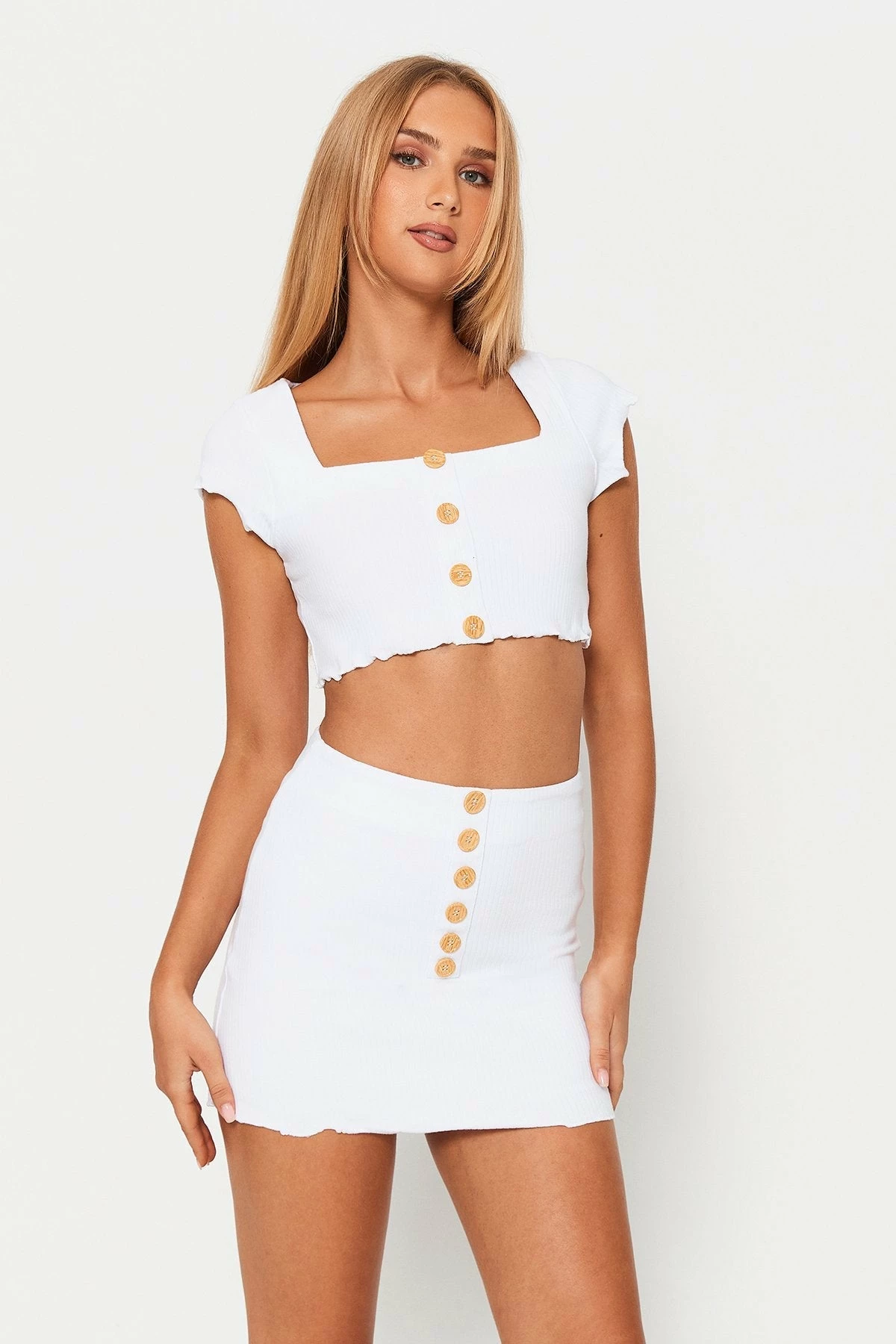 Solado Square Neck Button Decor Crop Top & Knitted Skirt Set 2 Solado Square Neck Button Decor Crop Top & Knitted Skirt Set - Image 2