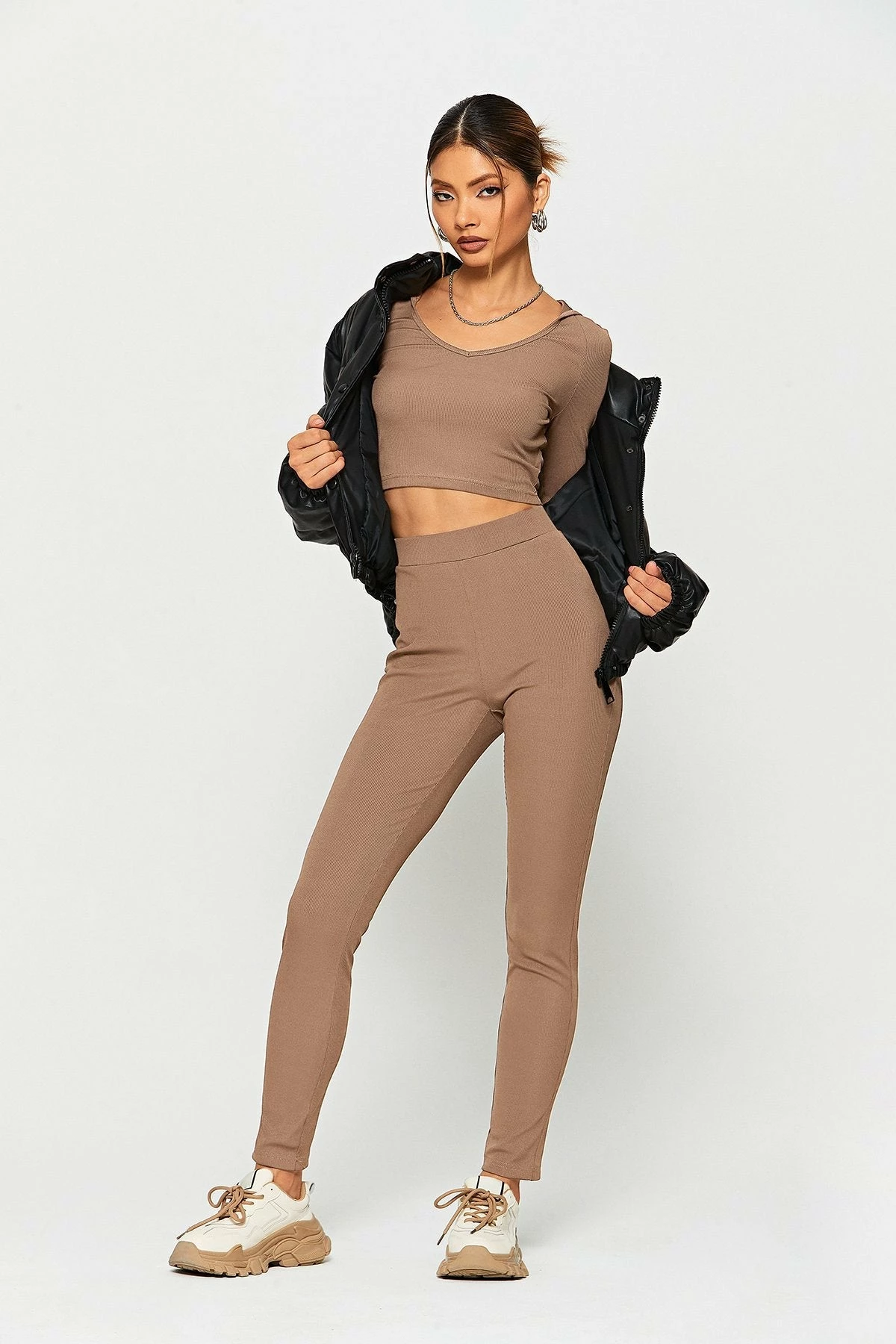 SOLADO Long Sleeve Crop Hoodie & High Waist Ribbed Pants Set 3 SOLADO Long Sleeve Crop Hoodie & High Waist Ribbed Pants Set - Image 3