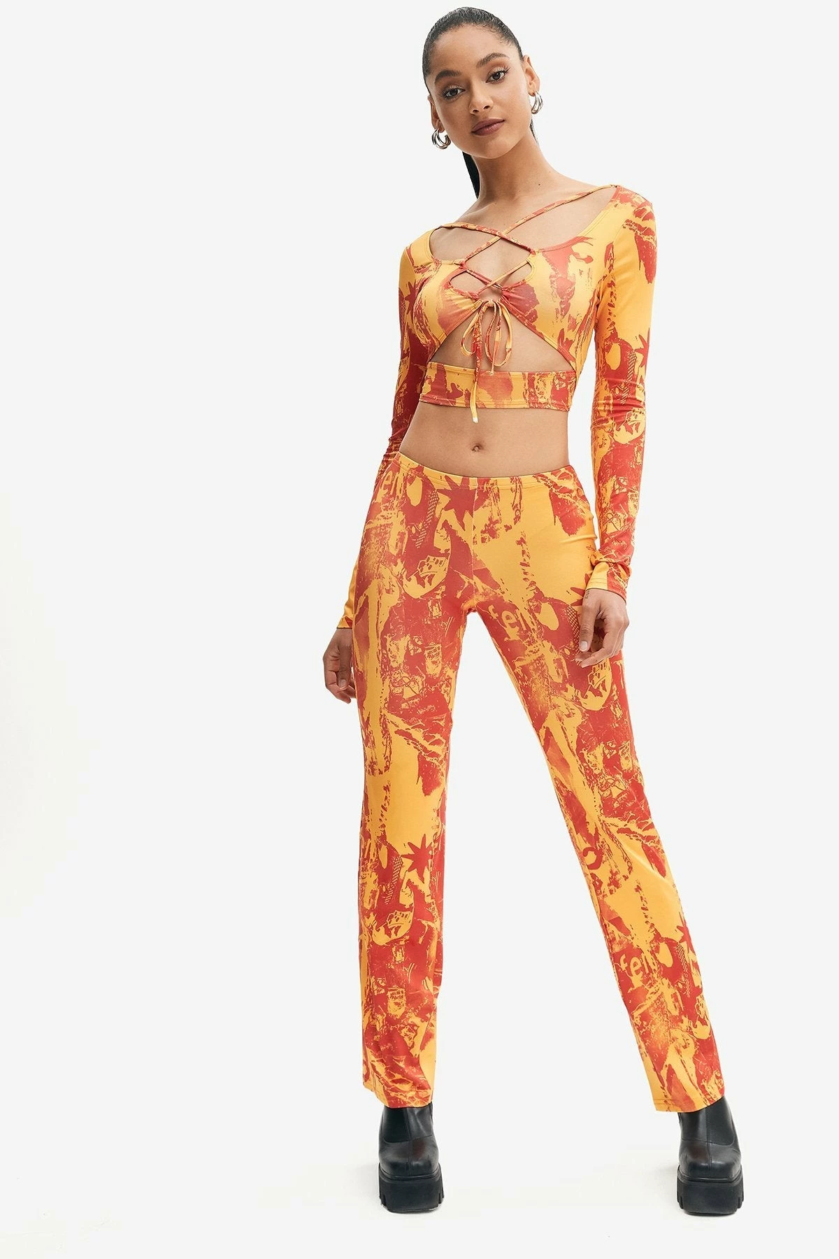 Solado Cut Out Tie Detail Crop Top & Abstract Print Pants Set 1 Solado Cut Out Tie Detail Crop Top & Abstract Print Pants Set