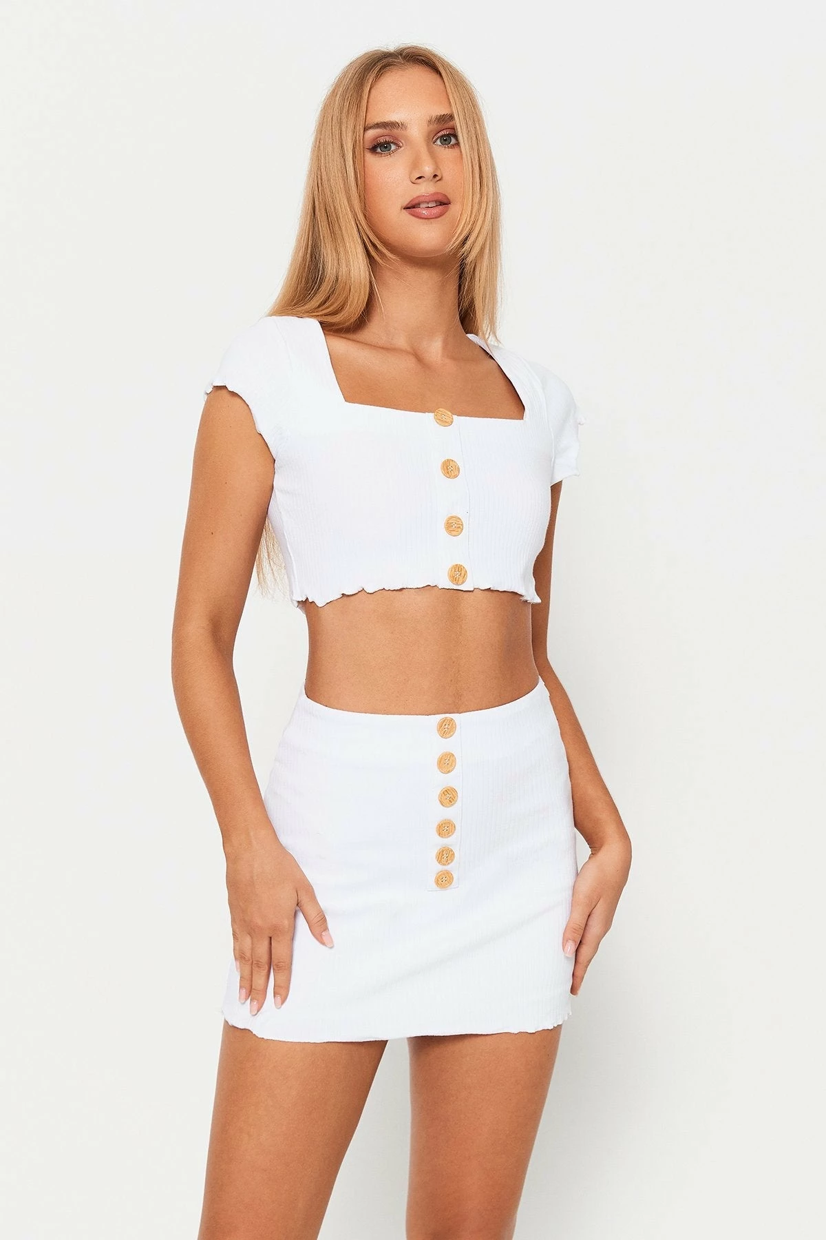Solado Square Neck Button Decor Crop Top & Knitted Skirt Set 1 Solado Square Neck Button Decor Crop Top & Knitted Skirt Set