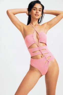 Solado Halter Neck Drawstring Ruched Ribbed One-piece Swimsuit