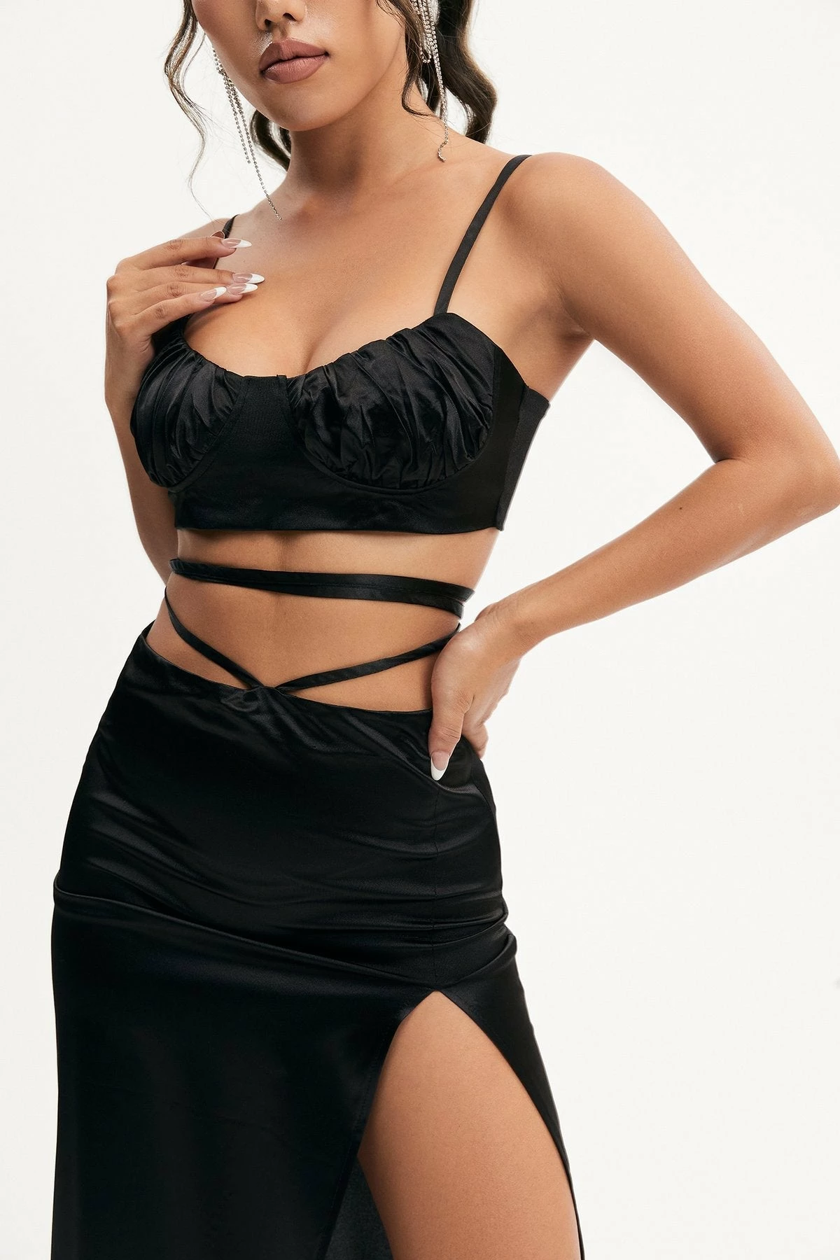 Solado Satin Lace Up Backless Crop Top & Split Hem Skirt Set 8 Solado Satin Lace Up Backless Crop Top & Split Hem Skirt Set - Image 8