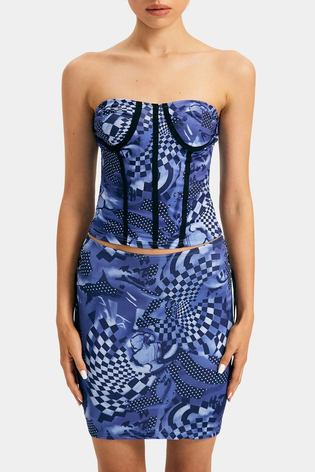 Solado Checkerboard Print Tube Top & Lace Up Skirt Set 5 Solado Checkerboard Print Tube Top & Lace Up Skirt Set - Image 5