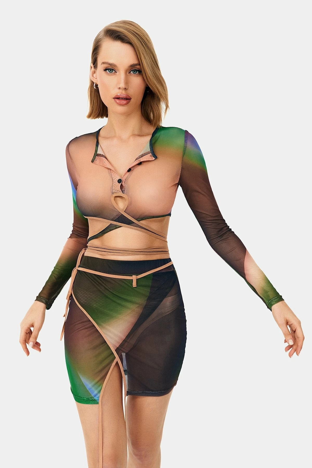 SOLADO Lapel Neck Tie Crop Top & Abstract Print Mesh Skirt Set 2 SOLADO Lapel Neck Tie Crop Top & Abstract Print Mesh Skirt Set - Image 2