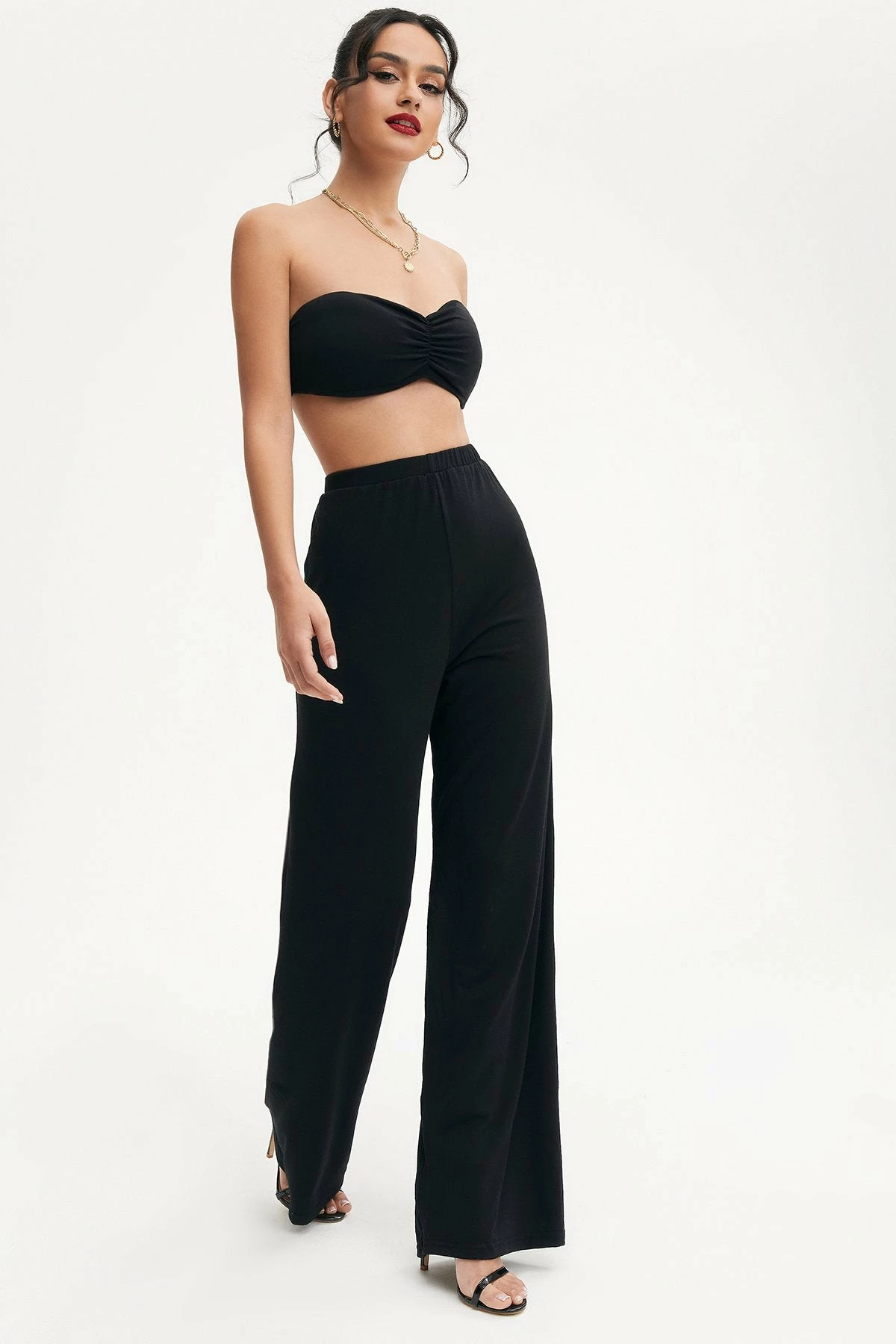 Solado Ruched Tube Crop Top & Wide Leg Pants Set 1 Solado Ruched Tube Crop Top & Wide Leg Pants Set