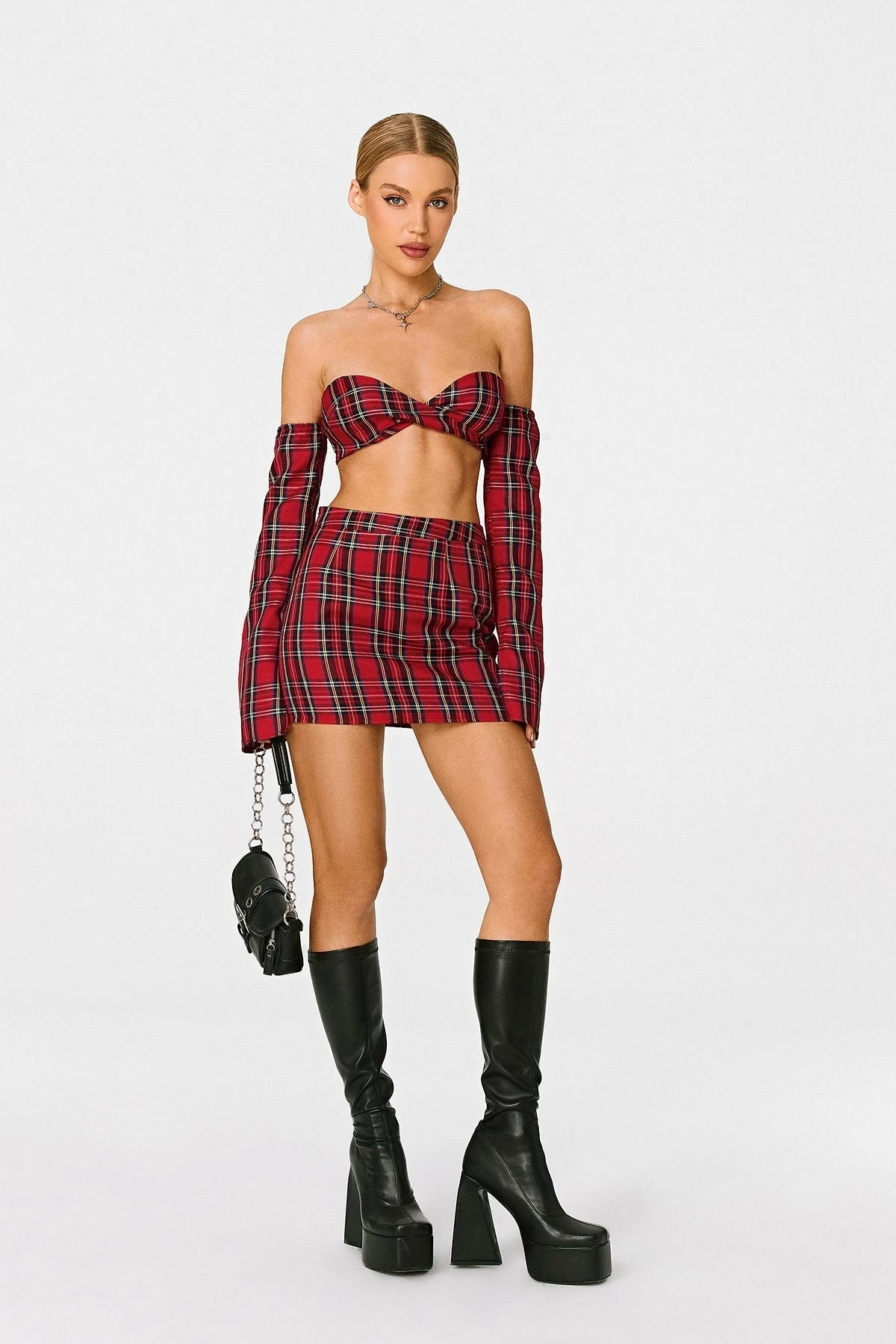 SOLADO Scottish Plaid Off Shoulder Twist Front Crop Top With Oversleeve 4 SOLADO Scottish Plaid Off Shoulder Twist Front Crop Top With Oversleeve - Image 4