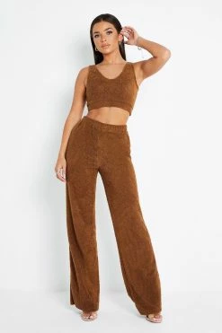 SOLADO Fluffy Sleeveless Crop Top & High Waist Pants Set