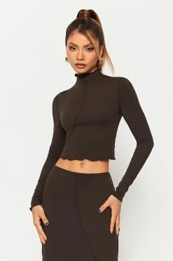 SOLADO Mock Neck Seam Detail Lettuce Trim Long Sleeve Top