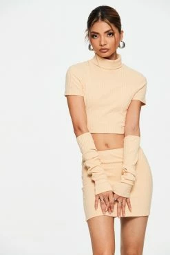 SOLADO High Neck Crop Top & Knitted Skirt Set With Oversleeve