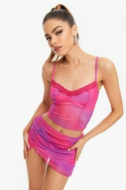 Solado Tie Dye Lace Trim Crop Top & Mesh Ruched Skirt Set