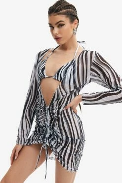 Solado 3pcs Stripe Print Drawstring Ruched Bikini Swimsuit
