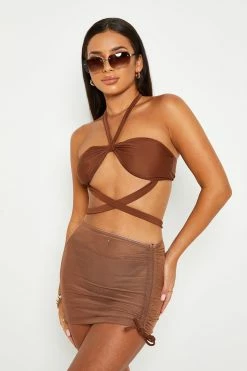 Solado 3pcs Halter Neck Cross Tie Drawstring Ruched Bikini Swimsuit